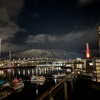 Beautiful view from the jacuzzi in the hotel, over the harbour towards the distant mountains.